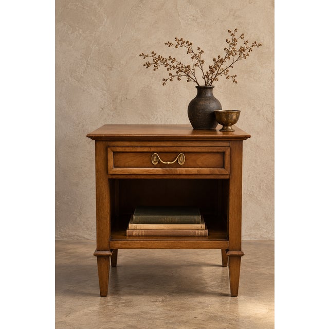 1960s Vintage "By Drexel" Europa Walnut Nightstand | Dovetail Drawer + Original Brass Hardware For Sale - Image 5 of 8