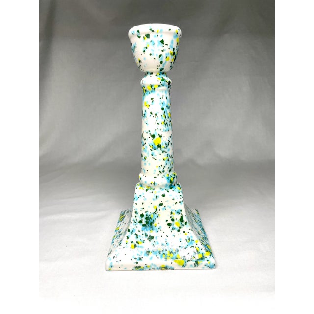 Gemstone Vintage Modern Coastal Splatterware Painted Ceramic Glazed Candlesticks, a Pair, Turquoise, Yellow, Chartreuse For Sale - Image 7 of 10
