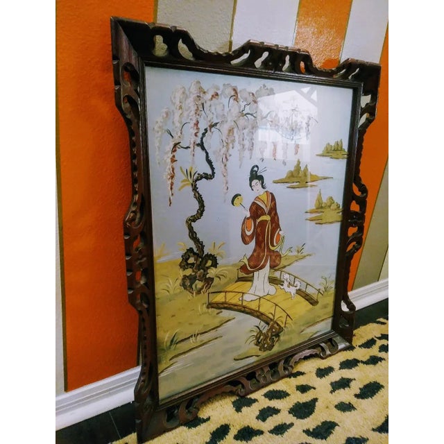 Chinoiserie Vintage Chinoiserie Geisha Asian Painting in Vintage Fretwork Mahogany Wood Frame For Sale - Image 3 of 6
