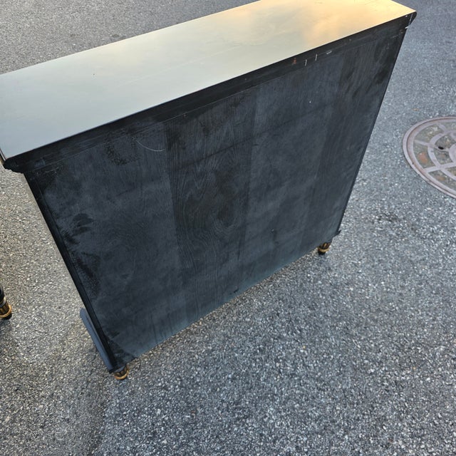Late 20th Century Pair of Baker Furniture Neoclassical Black Lacquer and Gilt Cabinets With Decorative Wire-Mesh Grille Doors For Sale - Image 17 of 17