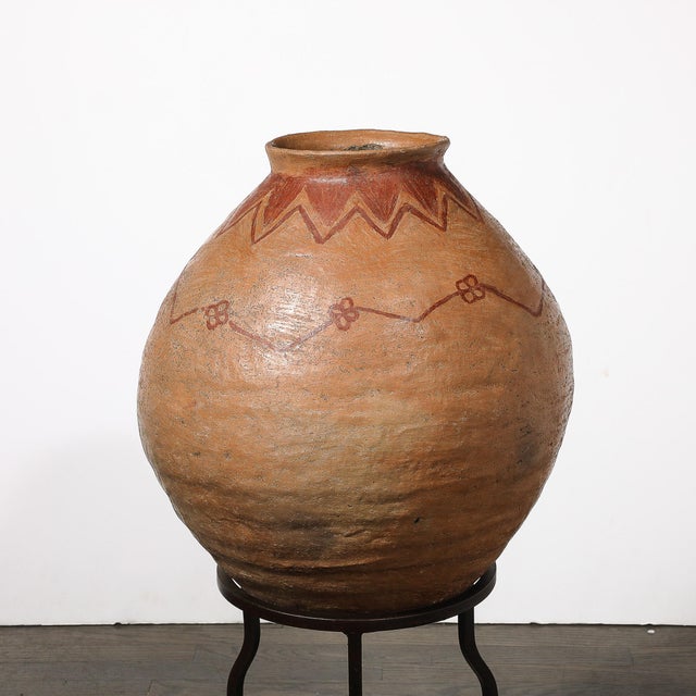 Metal Native American Tribal Terracotta Red Iron Oxide Vessel on Wrought Iron Base For Sale - Image 7 of 12