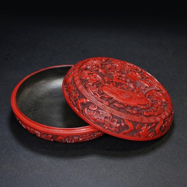 Wood Late 20th Century Carved Cinnabar Lacquer Box With Auspicious Symbols and Fish Motif For Sale - Image 7 of 9