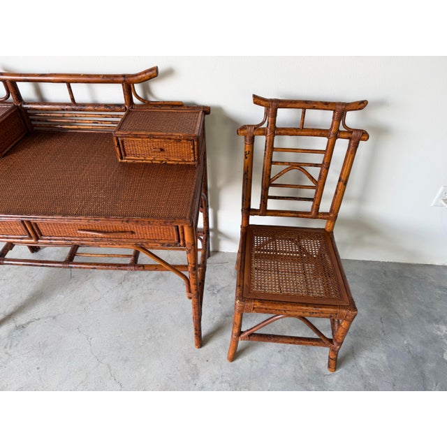 Brown Vintage British Colonial Style Faux Bamboo & Cane Pagoda Desk With Matching Chair For Sale - Image 8 of 12