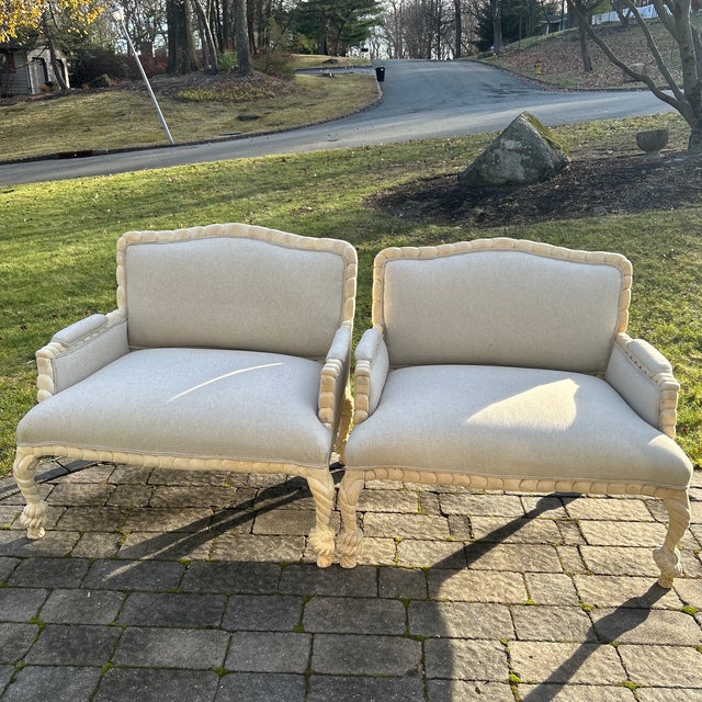 Pair Scrubbed Patina Wood Carved Twisted Rope Upholstered Arm Chairs