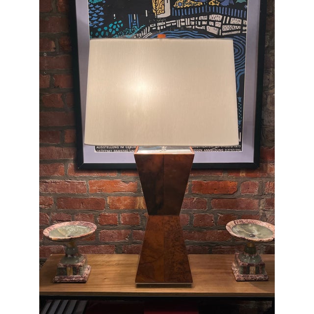 Wood Mid-Century Modern Danish Burlwood Polished Pyramidal Lamp With Two Fixtures For Sale - Image 7 of 12