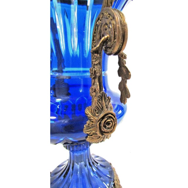 Pair Antique Cobalt Blue Glass Vases With Ornate Bronze Rim, Handles and Mount For Sale - Image 17 of 18
