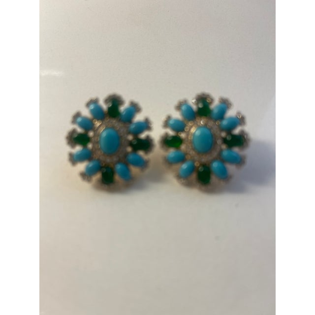 American 1960s Pair of Circle Earrings in Turq/Green/CZS For Sale - Image 3 of 3