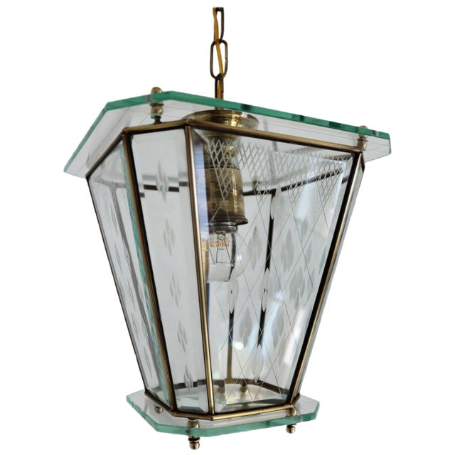 Vintage Italian Lantern in Crystal Cut Glass and Brass, 1950s For Sale
