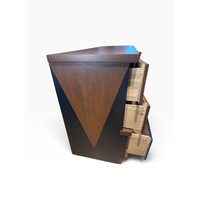 Brown Custom Reimagined Bassett Mid-Century Modern Dresser | Vintage Oak Geometric Credenza | Matte Black Natural Wood Tuxedo Sideboard Buffet For Sale - Image 8 of 11