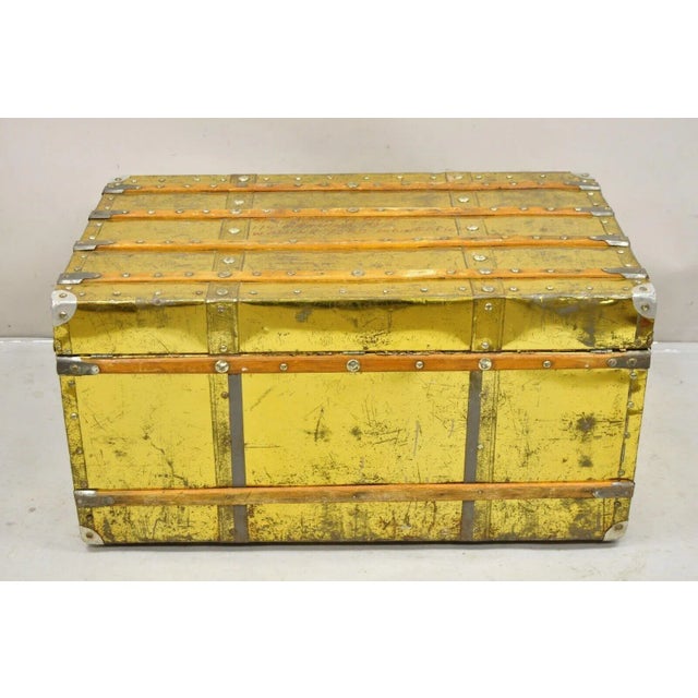 Early 1900s Antique Victorian Brass Clad Wooden Band Train Trunk Storage Treasure Chest For Sale - Image 10 of 11
