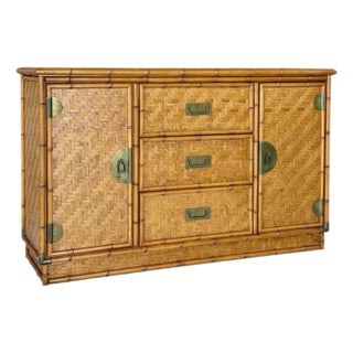 Vintage Boho Coastal Dixie Campaign Style Faux Bamboo Sideboard With Herringbone Panels For Sale