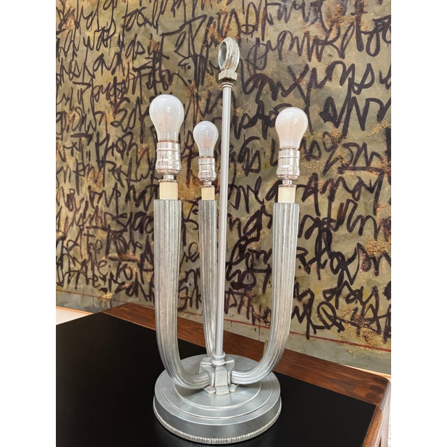Early 20th Century Art Deco Three-Candle Fluted Cast Metal Table Lamp For Sale - Image 4 of 9