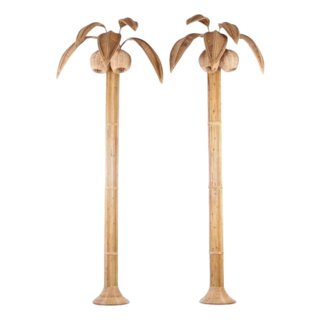Large Rattan Palm Tree Sconces, 1980s, Set of 2 For Sale