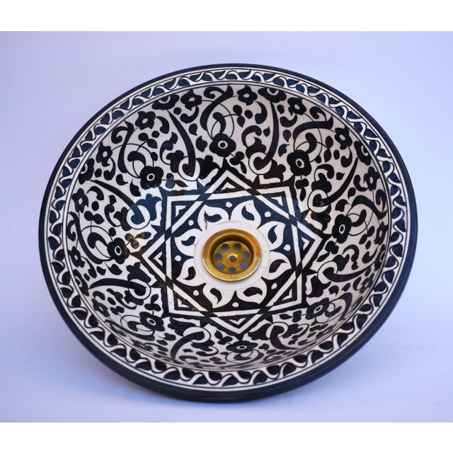 Moroccan Paint Bowl Black White Flower Ceramic Countertop Vessel Sink For Sale - Image 6 of 6