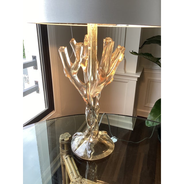 Contemporary Late 20th Century Smoked Lucite Faux Bois Lamps With Silk Drum Shades - a Pair For Sale - Image 3 of 7