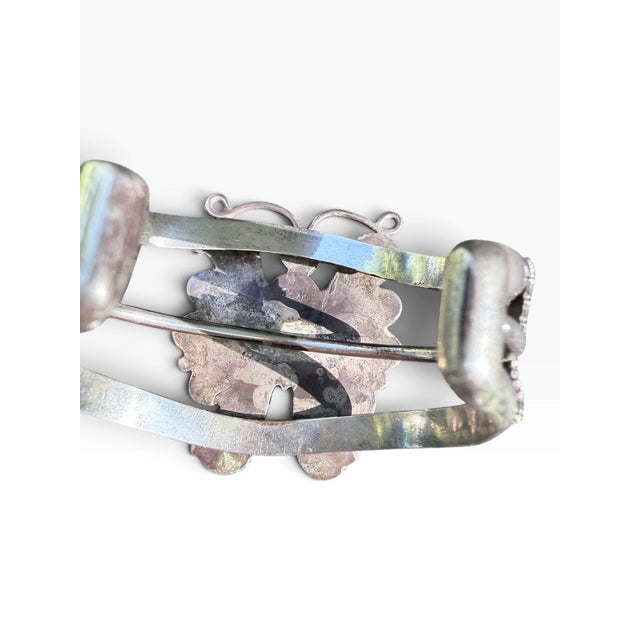 Native American Vintage Navajo Style Sterling Silver Turquoise & Spiny Oyster Butterfly Cuff Bracelet For Sale - Image 3 of 12