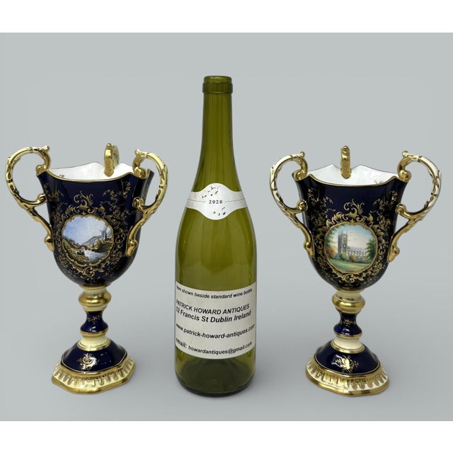 Blue Antique Pair English Coalport Three Handle Loving Trophy Cups Porcelain Urns For Sale - Image 8 of 18