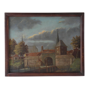 Early 20th Century Continental Village Bridge Scene Painting