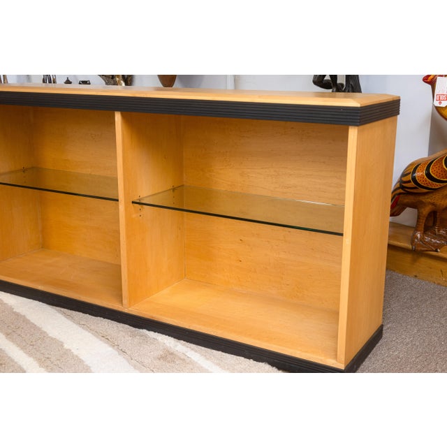 Postmodern Vintage Postmodern 2 Tier Glass Shelf Blonde Wood Display Cabinet For Sale - Image 3 of 7
