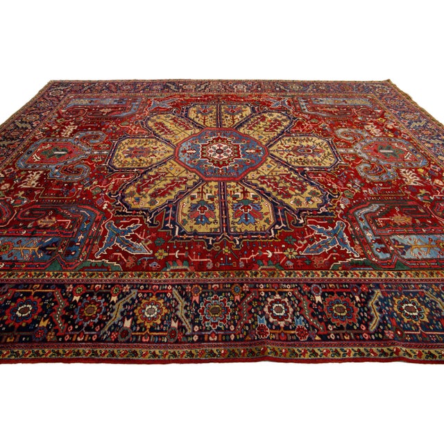 Persian 20th Century Antique Heriz Multicolor Floral Medallion Wool Rug For Sale - Image 3 of 9