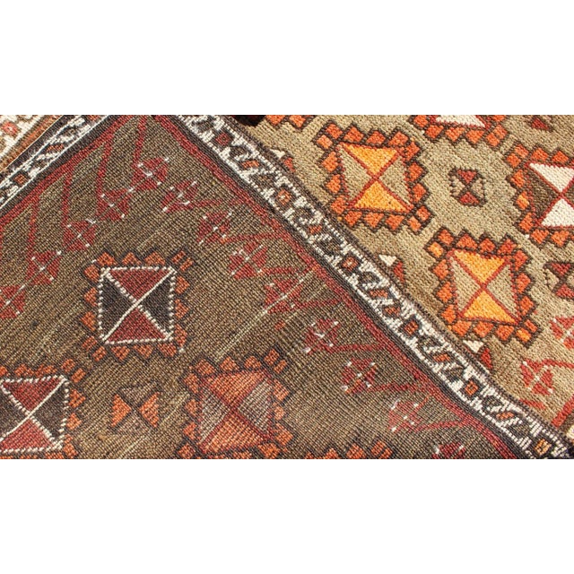 Antique Turkish Tribal Runner in Diamond Design and Geometrics in Green, Rust For Sale In Atlanta - Image 6 of 7