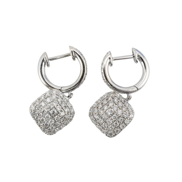 Modern Ladies 14k White Gold 1.11ctw Round Diamond Square Pave Cluster Dangle Earrings, A Pair For Sale - Image 3 of 8