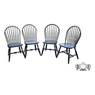 4 Ethan Allen Oak Dining Chairs Vintage Distressed Black Farmhouse Bow Back For Sale