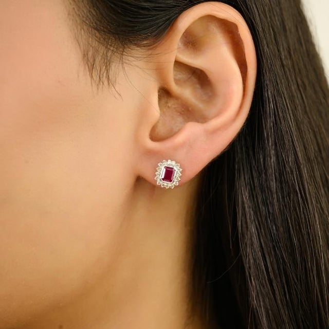 14k White Gold Solitaire Ruby With Halo Diamonds Stud Earrings- A Pair For Sale In New York - Image 6 of 13