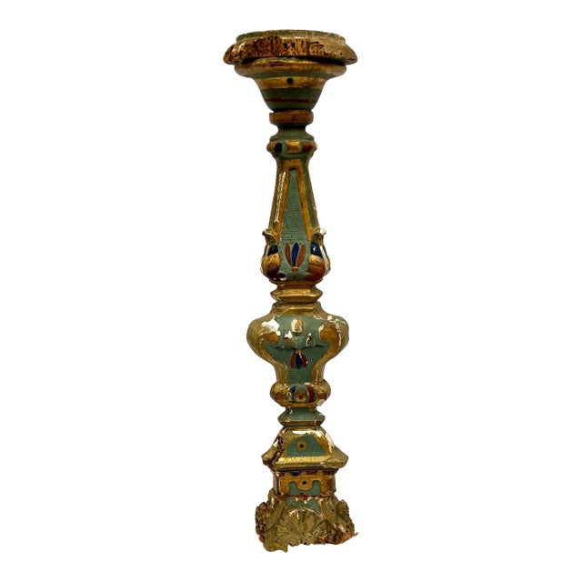 Antique 1800s French Polychrome Altar Candle Holder For Sale