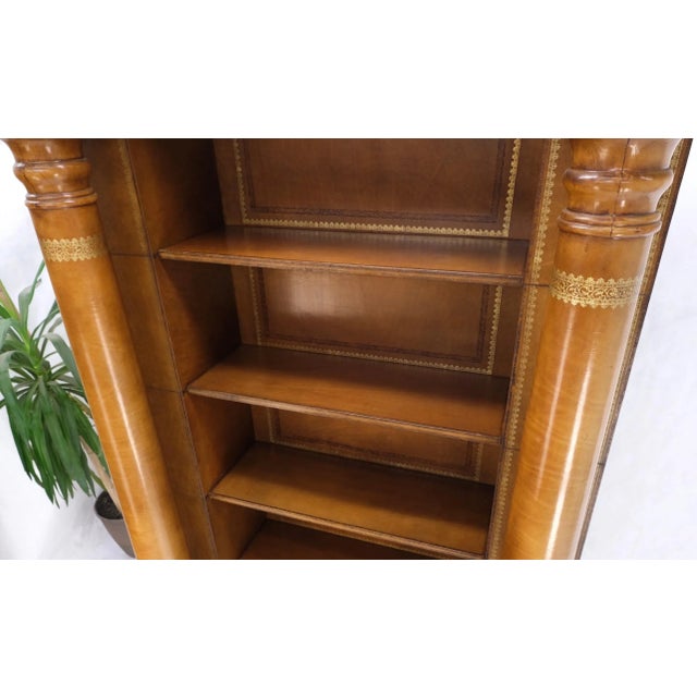 Mid-Century Modern All Wrapped in Tooled Leather Massive Decorative Columns 2 Part Bookcase Hutch For Sale - Image 3 of 13
