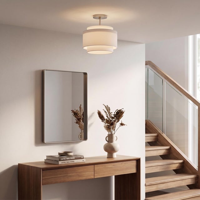 Modern Coronado 18 Semi-Flush Mount by NOVA Design Team 2026 - Double Drum White Linen Shade, Satin Nickel Steel, ELV...