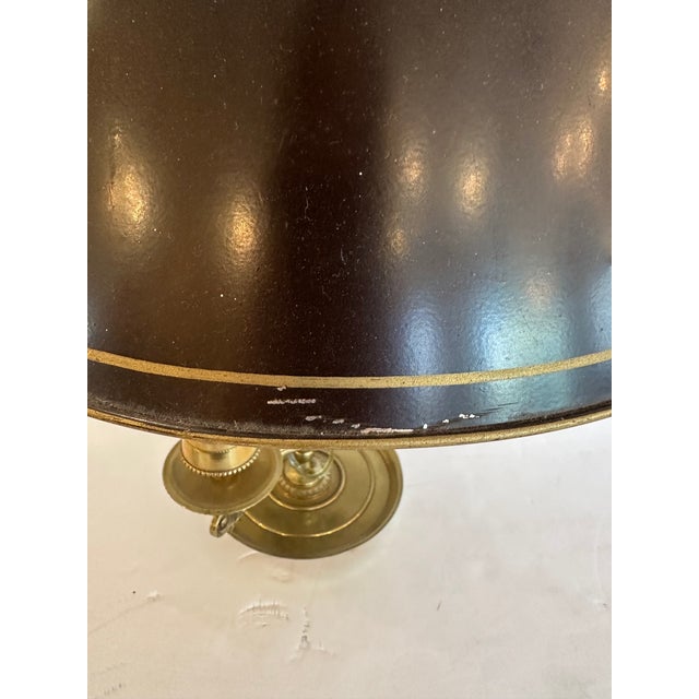Antique English Miller & Sons bouillotte lamp with chocolate brown tole shade, brass body and 3 arms. Was rewired to US...