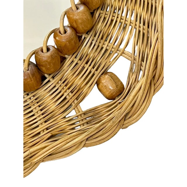 Wood French Mid-Century Sunburst Rattan & Wood Bead Round Wall Mirror For Sale - Image 7 of 13