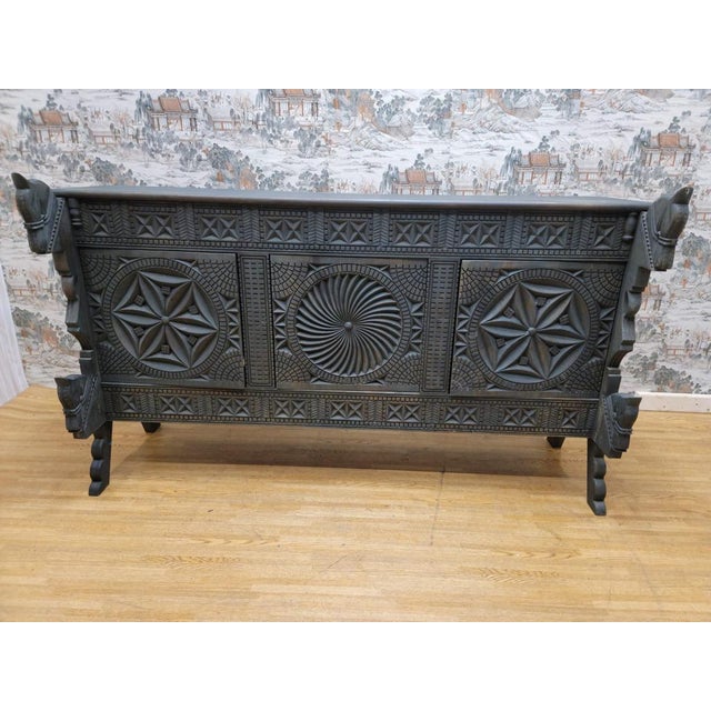 Vintage Chinese Carved Ornate Elmwood Sideboard With Horse Motifs For Sale - Image 11 of 13