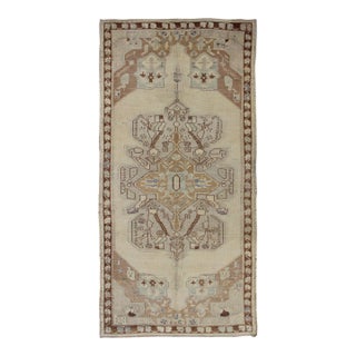 Vintage Hand Knotted Turkish Oushak Rug With Large Floral Medallion 4'4" X 9'2" For Sale