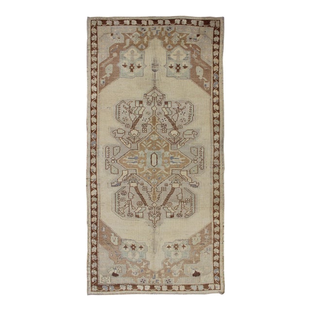 Vintage Hand Knotted Turkish Oushak Rug With Large Floral Medallion 4'4" X 9'2" For Sale