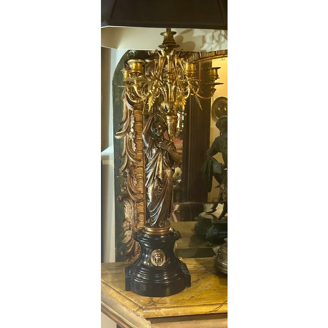 Late 19th Century Pair French Neoclassical Bronze, Dor'e Bronze & Belgique Noir Candelabra, Now Electrified, Ca. 1870 For Sale - Image 5 of 14