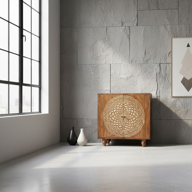 Wood Hand-Carved Solid Teak Mandala Cabinet — Sculptural Statement Storage From Bali For Sale - Image 7 of 12