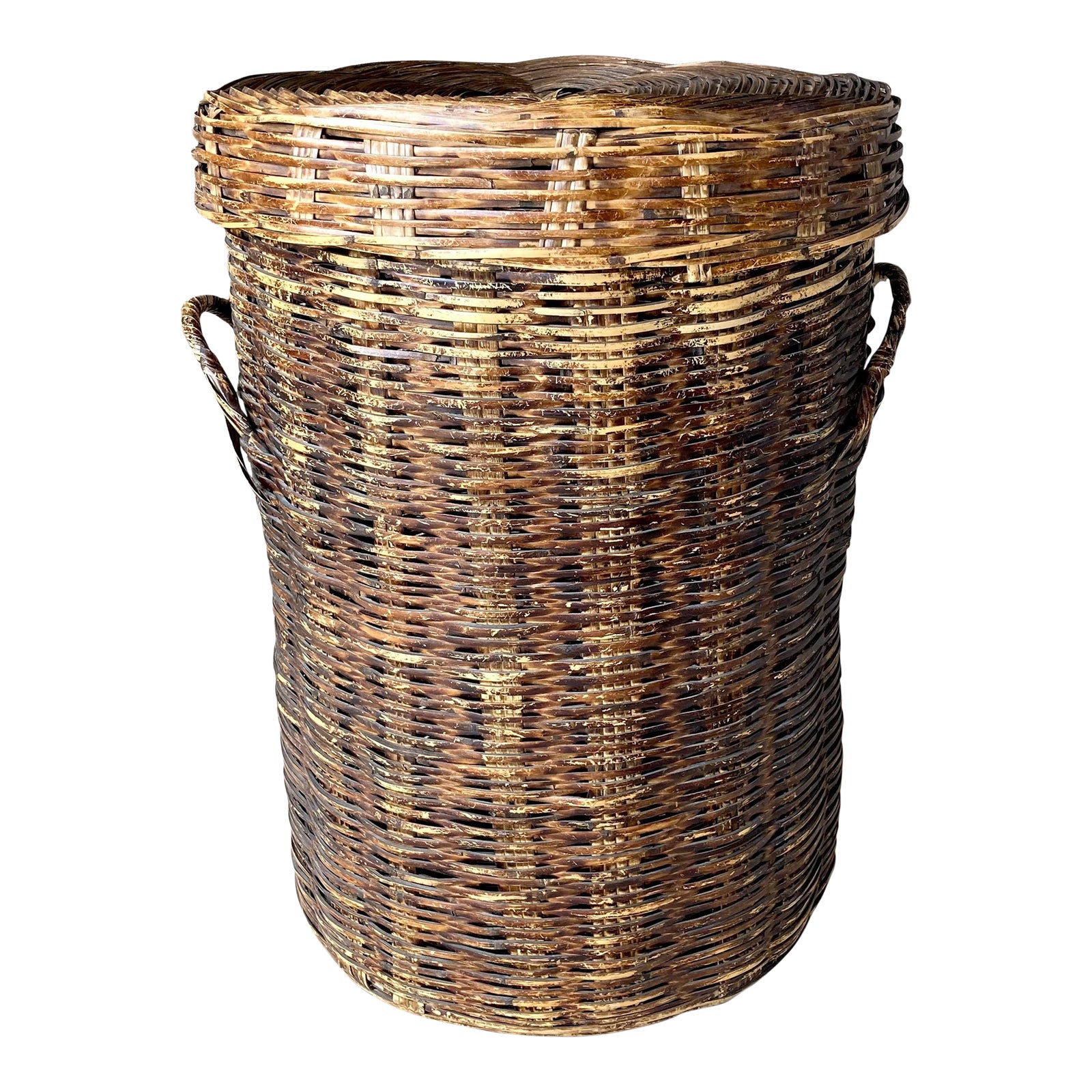 Mid 20th-Century Substantially-Sized Tortoiseshell Rattan Lidded Hamper ...