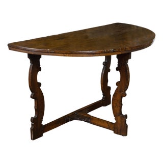 Large Italian Baroque Style 18th Century Walnut Demilune Table with Carved Legs For Sale