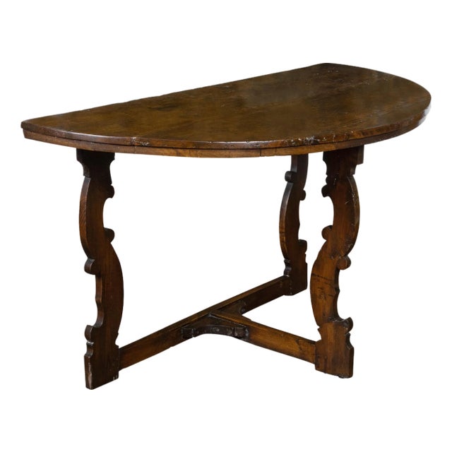 Large Italian Baroque Style 18th Century Walnut Demilune Table with Carved Legs For Sale