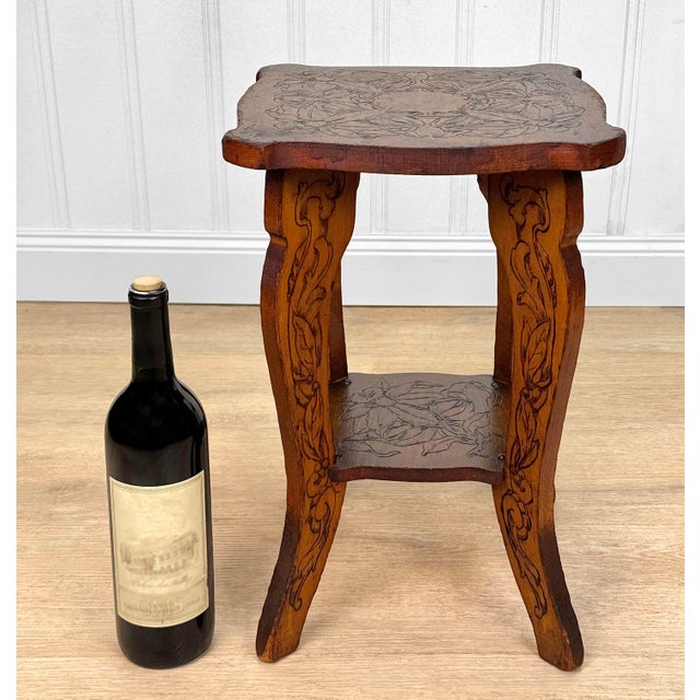 Antique Art Nouveau Flemish Pyrography Floral Plant Stand Table, c.1910's - Pairs Nicely with Many Traditional and...