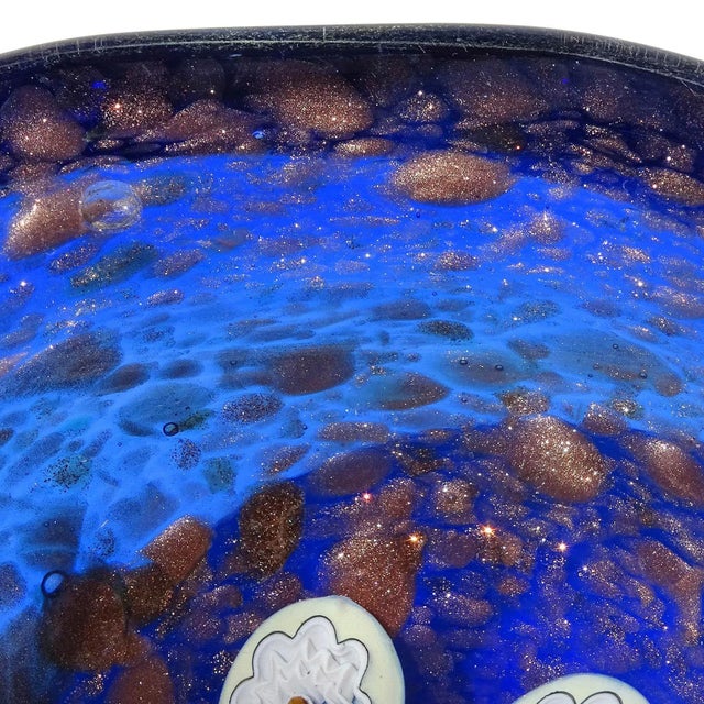 Mid 20th Century Murano Rich Sapphire Blue White Flower Murrines Aventurine Flecks Vintage Italian Art Glass Bowl For Sale - Image 5 of 7