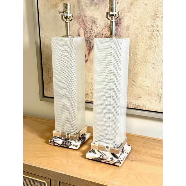 White Square Pair of Vintage Murano Latticino Lamps by Dino Martens For Sale - Image 8 of 10