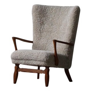 Vintage Danish Highback Chair in Oak and Shearling Lambswool by Viggo Boesen, 1950s For Sale