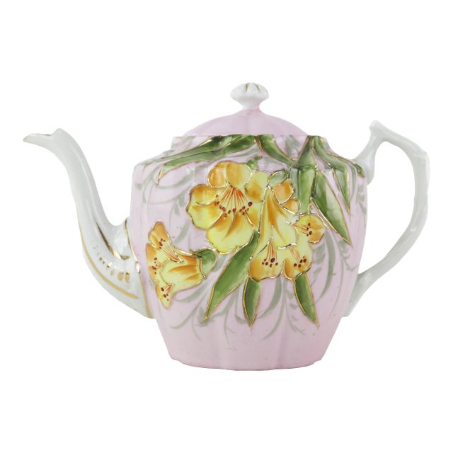 Vintage Pink Floral Teapot With Yellow Blossoms and Green Leaves – Hand-Painted Porcelain Teapot, Collectible Art Deco Style For Sale