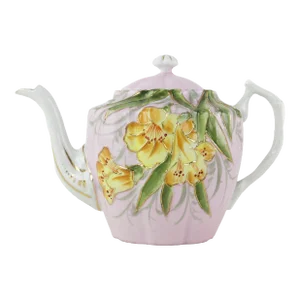 Vintage Pink Floral Teapot With Yellow Blossoms and Green Leaves – Hand-Painted Porcelain Teapot, Collectible Art Deco Style