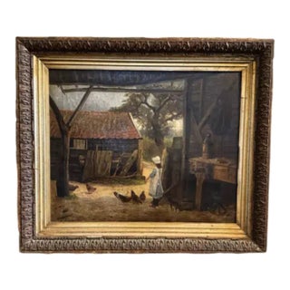 E. Allum 1886 Oil on Canvas Gathering the Chickens Framed Victorian Painting For Sale