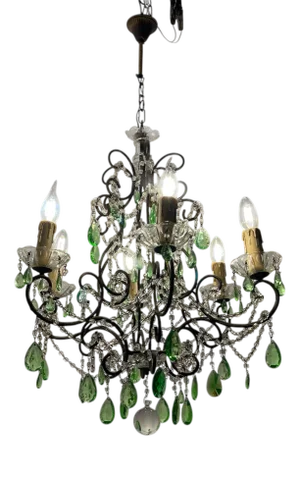 Green Macaroni Crystal Chandelier, 1950s