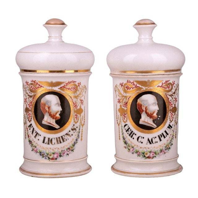 Set of french Neoclassical hand-crafted glazed porcelain apothecary/pharmacy jars with lids signed by Langlois By:...